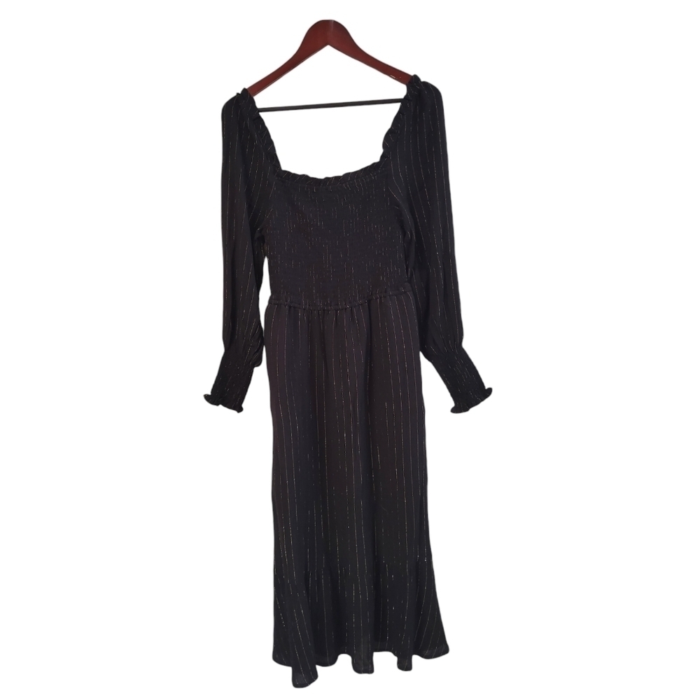 Oat New York Black Gold Smocked Puff Long Sleeve Midi Dress Small NWOT